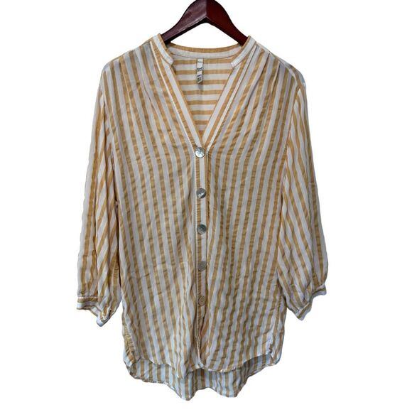 Zara Trf Collection Mustard Yellow Striped Mother of Pearl Blouse Size XS - Picture 1 of 13